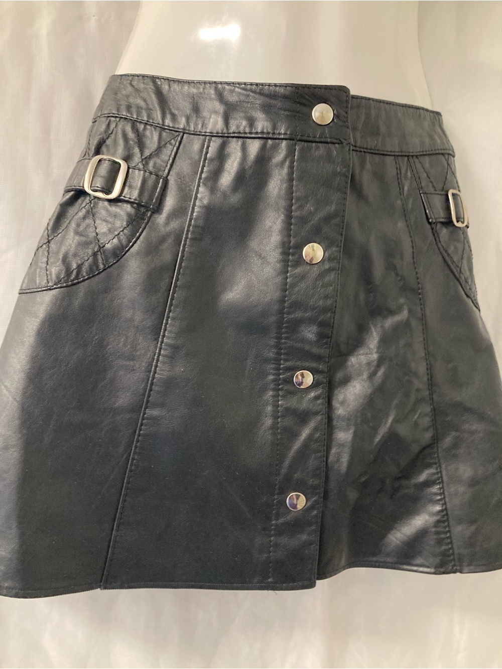 Black Faux Leather Mini Skirt with Buckle Details